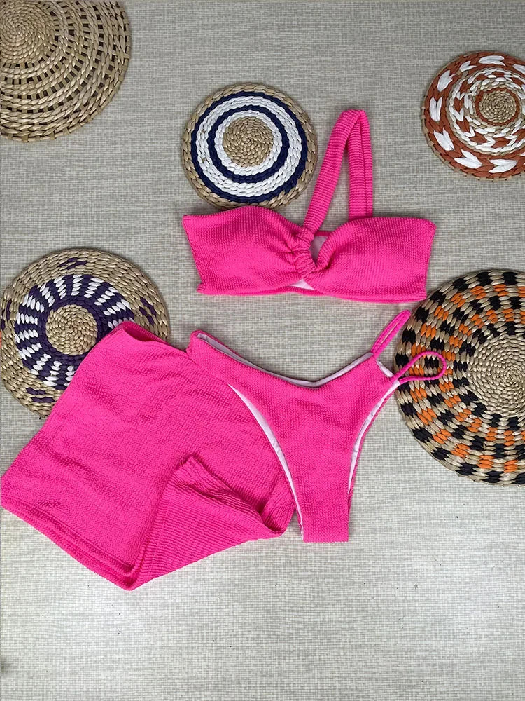 Vibrant Orange Three-Piece Swimwear Set with Ruched Bralette and Cover-Up Skirt