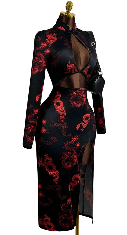 Dragon Embroidered Mesh Cutout Gothic Alternative Crop Top