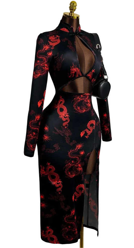 Dragon Embroidered Mesh Cutout Gothic Alternative Crop Top