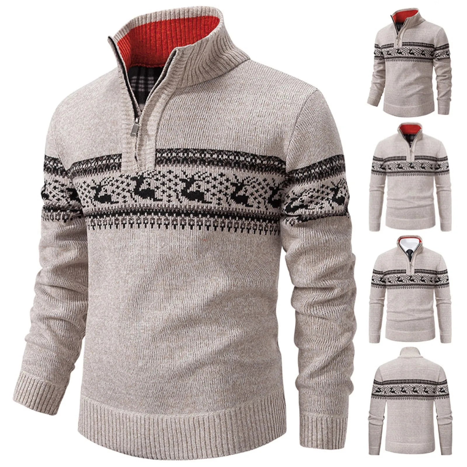 Men's Quarter Zip High Neck Patterned Knit Streetwear Sweater Pullover