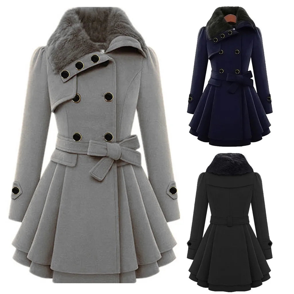 Women's Double-Breasted Hooded Wool-Blend Style Belted Skater Jacket with Asymmetrical Hem Streetwear Coat