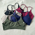Olive Green Strappy Open-Back Sports Bra with Scoop Neckline