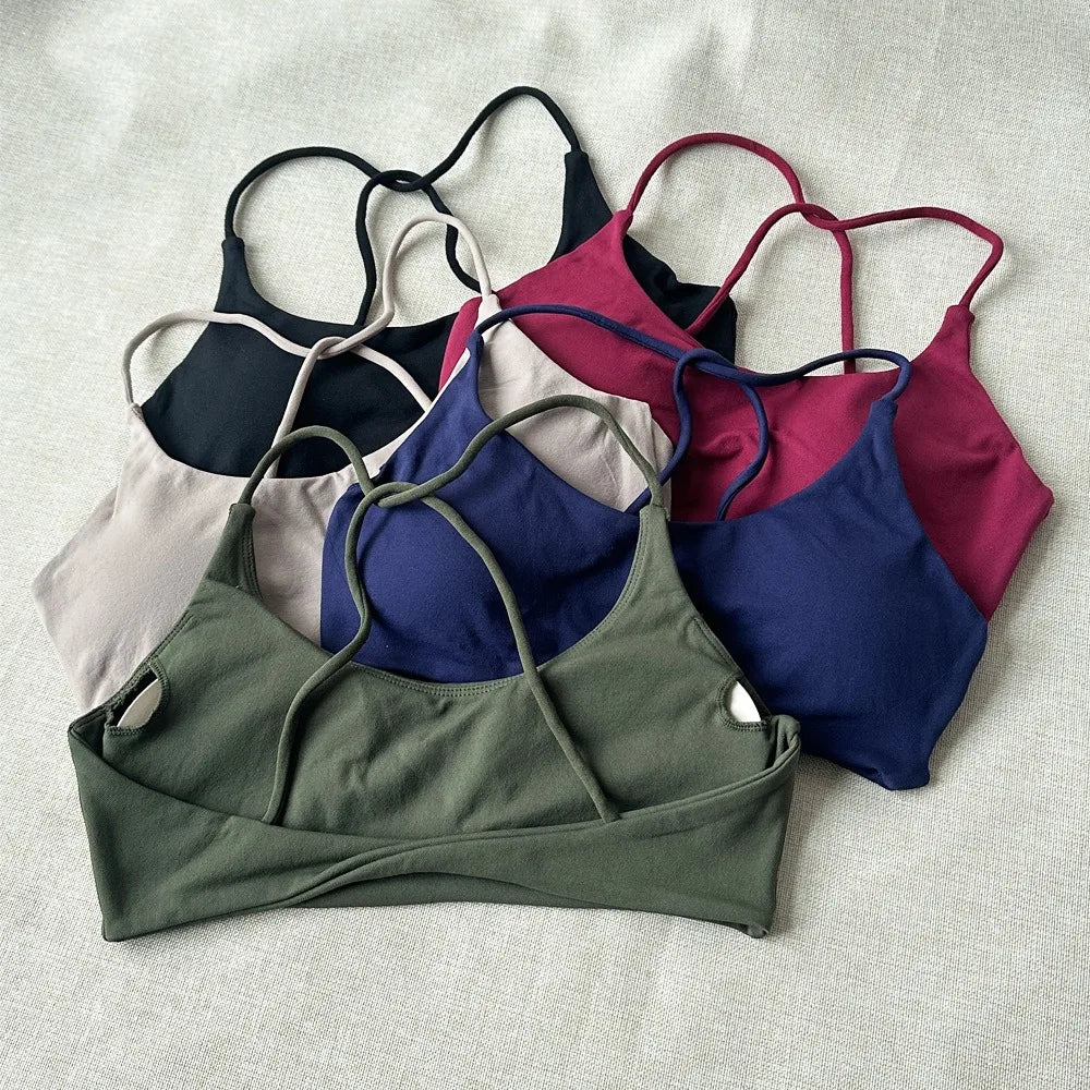 Olive Green Strappy Open-Back Sports Bra with Scoop Neckline