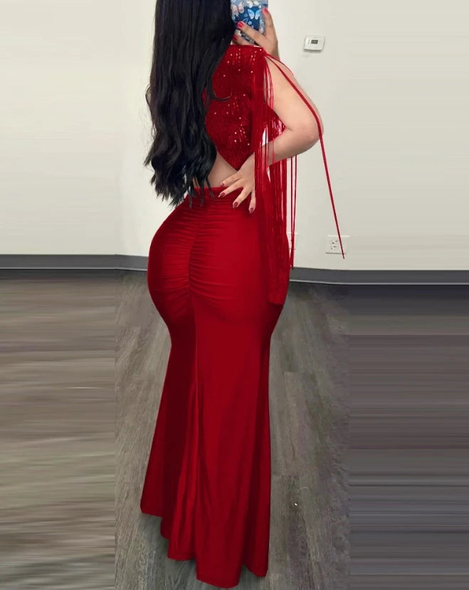 Ruched Sequin Evening Dress With Floor Length Silhouette And Slit