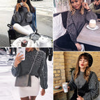 Women's Relaxed Fit Crew Neck Puff Sleeve Textured Knit Sweater