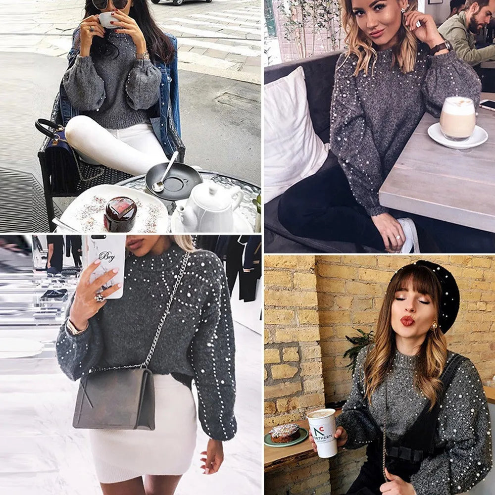Women's Relaxed Fit Crew Neck Puff Sleeve Textured Knit Sweater
