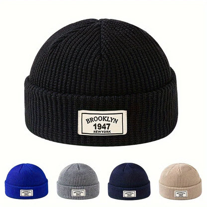 Ribbed Polyester Cuffed Knit Beanie with Woven Patch for Everyday Winter Streetwear Style