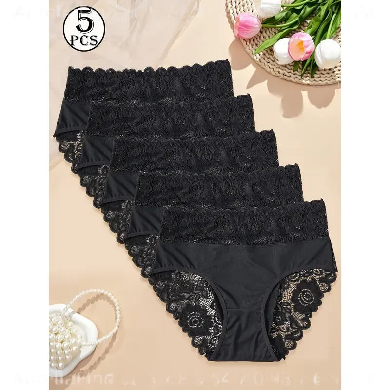 5-Piece Women’s High-Waisted Lace Briefs Set with Floral Detailing, Delicate Trim and Classic Full-Coverage Silhouette