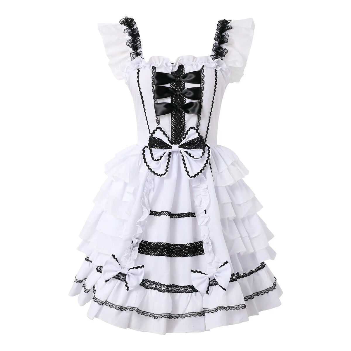 Playful Pink and Black Ruffled Sweetheart Dress with Decorative Bows and Lace Trim