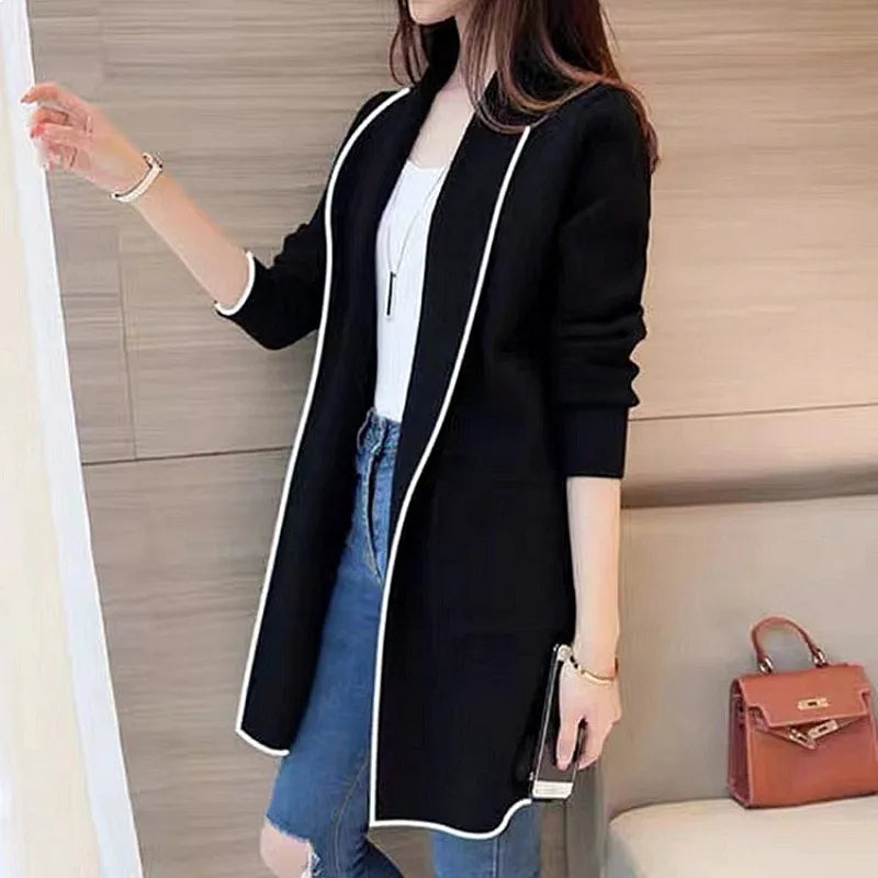 Women's Longline Open Front Cardigan Coat with Patchwork Design for Everyday Layering