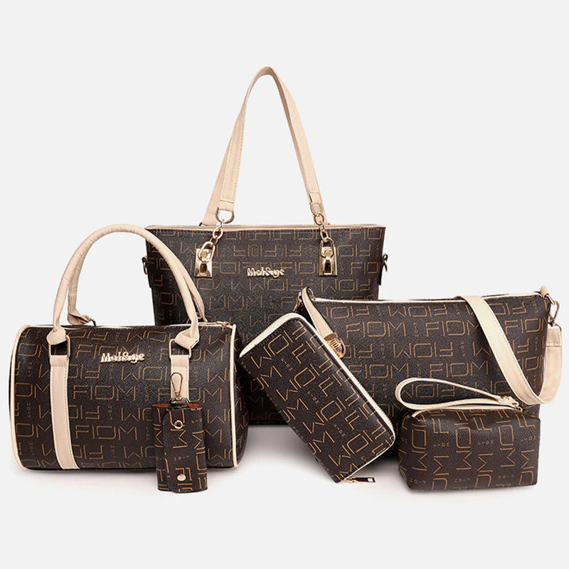 Six Piece Handbag Set with Tote Crossbody Wallet and Matching Accessories