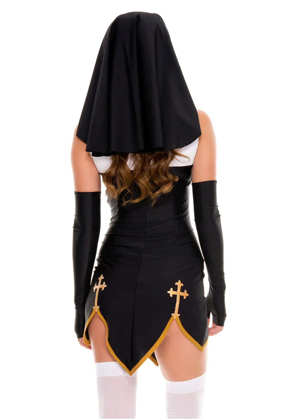 Theatrical Habit-Inspired Mini Dress with Striking Cross Embellishments and Coordinated Headpiece