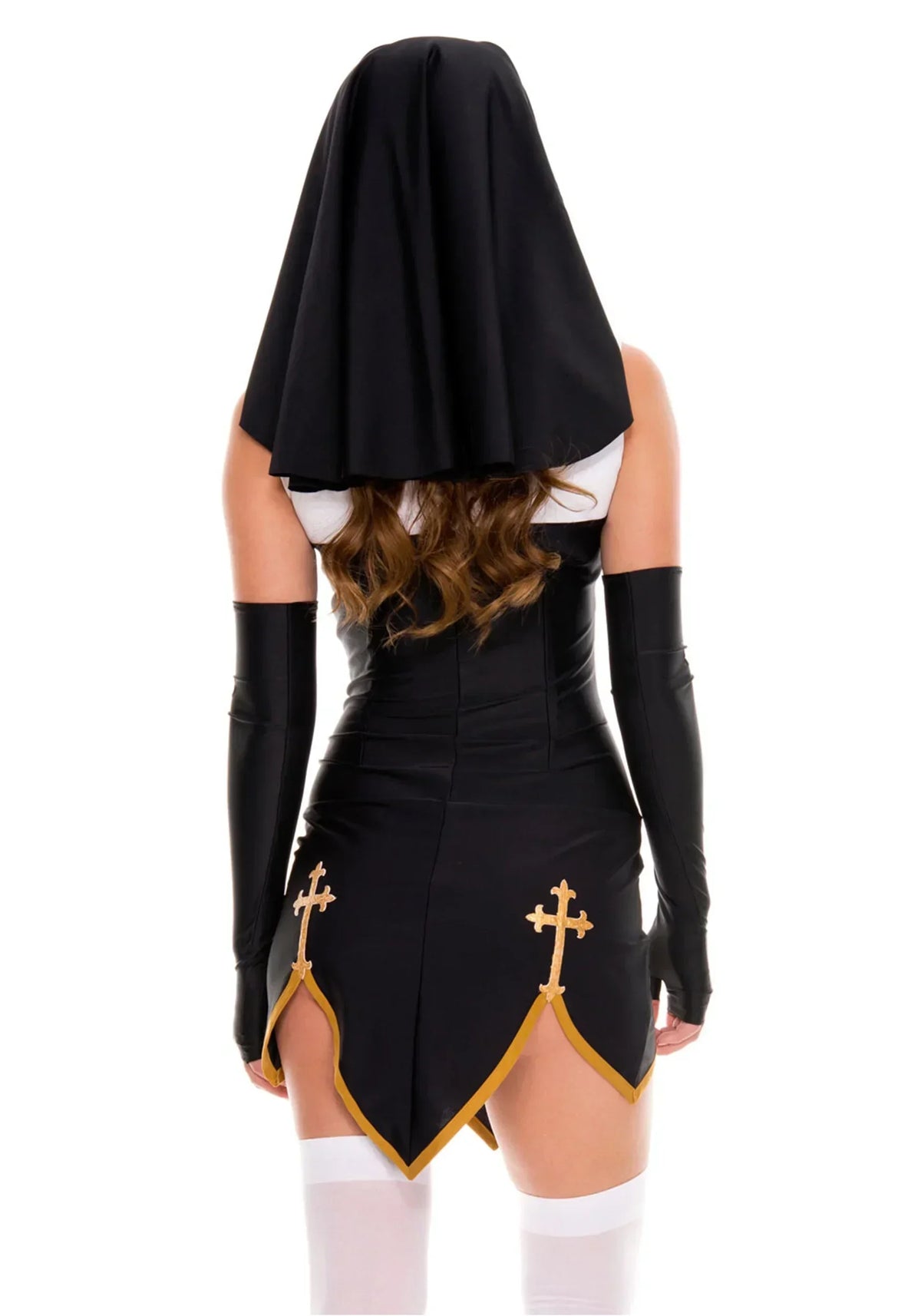 Theatrical Habit-Inspired Mini Dress with Striking Cross Embellishments and Coordinated Headpiece