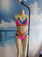 Vibrant Color-Block Bikini Set with Criss-Cross Strappy High-Waist Bottoms