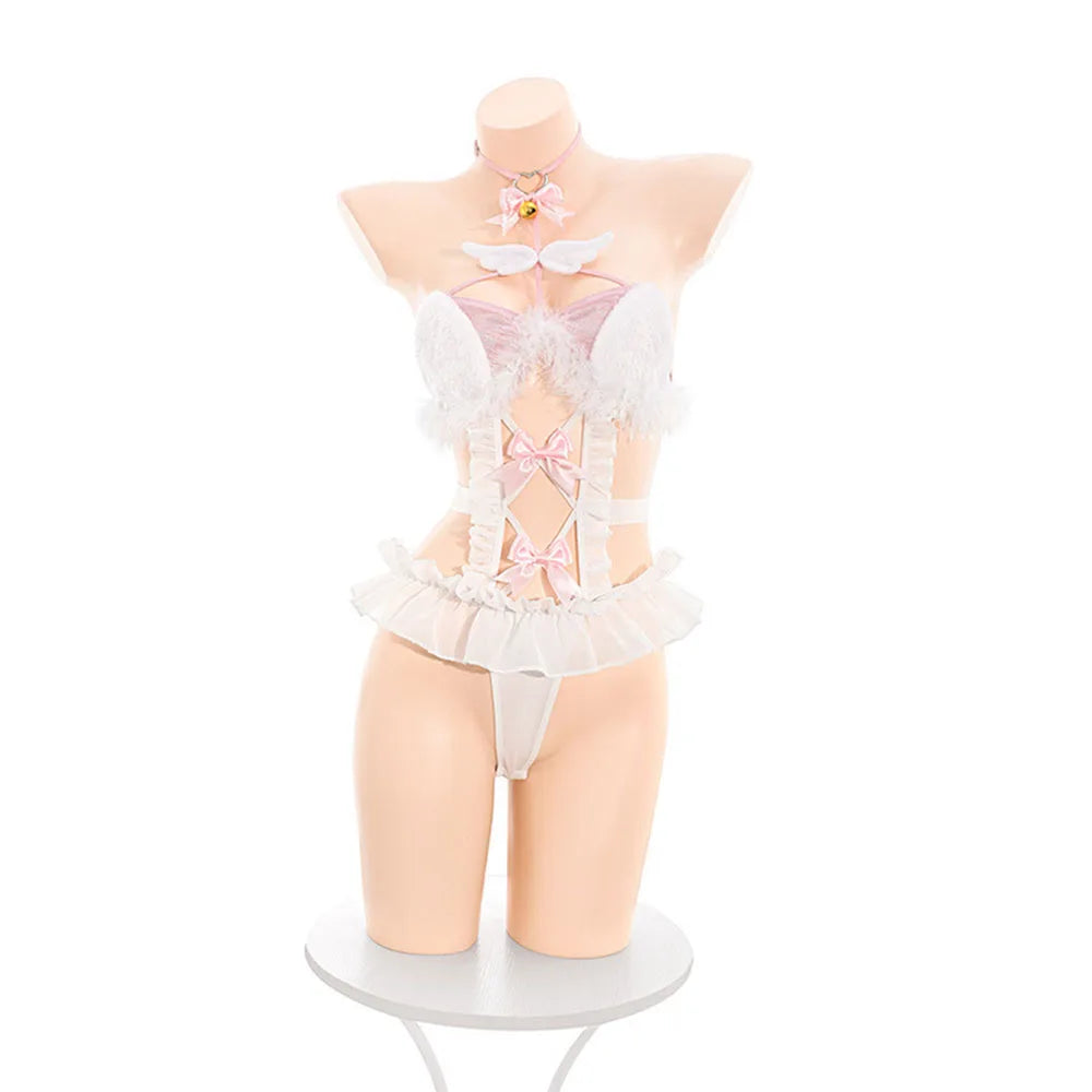 Playful White Keyhole Bodysuit with Fluffy Trim, Pink Bow Accents, and Matching Accessories