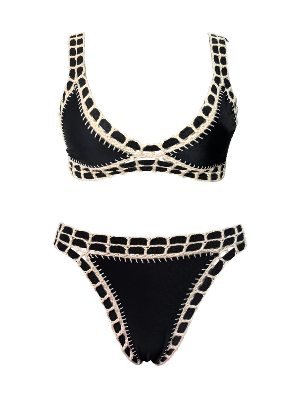 Deep Navy Scoop Neck Bikini Set with Vibrant Contrast Crochet Edging