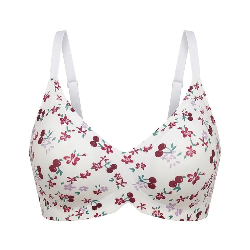 Cheerful Cherry Print Wire-Free Plunge Bra with Scalloped Trim