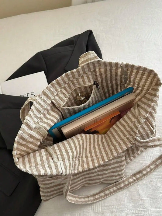 Striped Canvas Tote Bag with Large Capacity Casual Everyday Shoulder Design