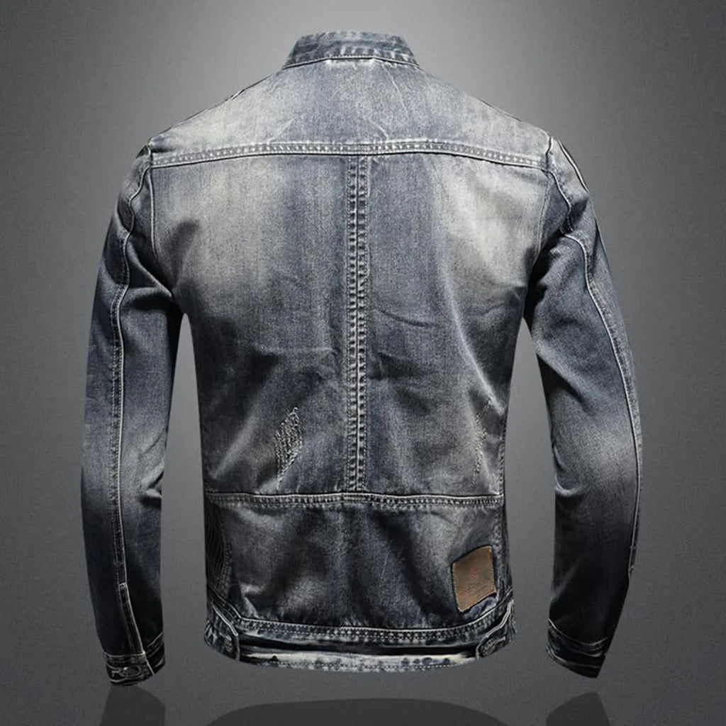 Vintage Wash Zip Front Denim Style Stand Collar Slim Fit Jacket