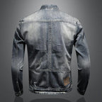 Vintage Wash Zip Front Denim Style Stand Collar Slim Fit Jacket