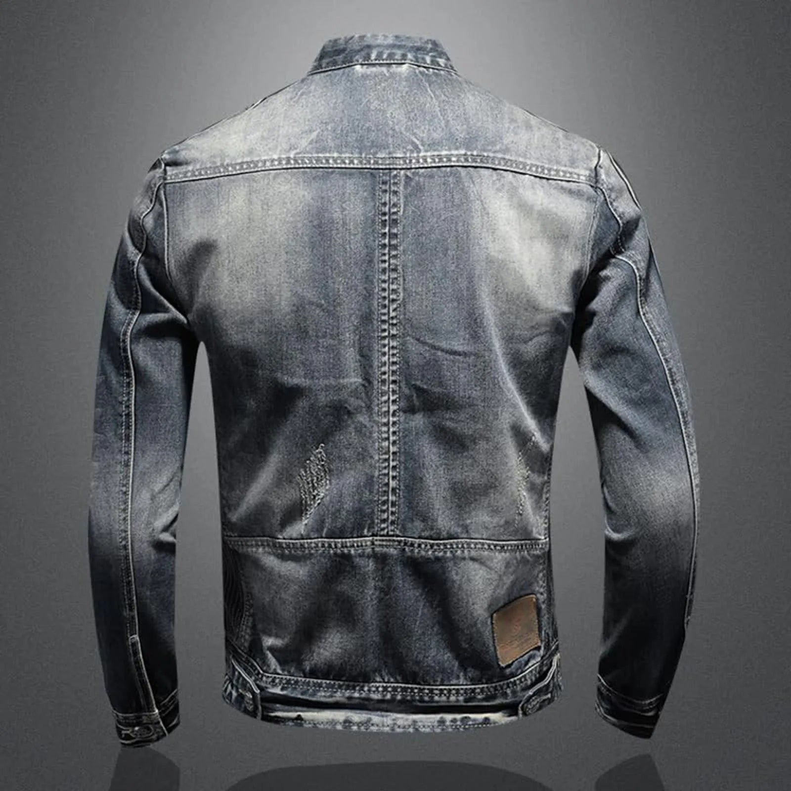 Vintage Wash Zip Front Denim Style Stand Collar Slim Fit Jacket