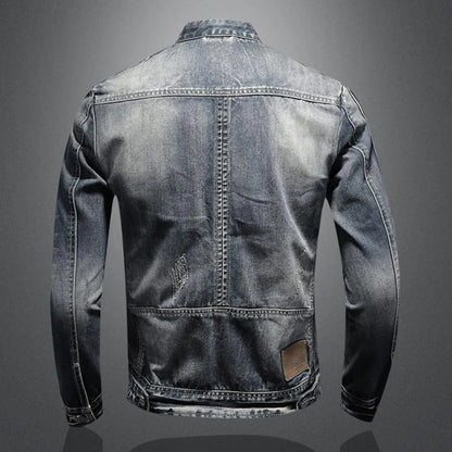 Vintage Wash Zip Front Denim Style Stand Collar Slim Fit Jacket
