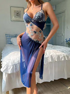 Sheer Asymmetrical Mesh Nightgown with Floral Embroidery and High Slit
