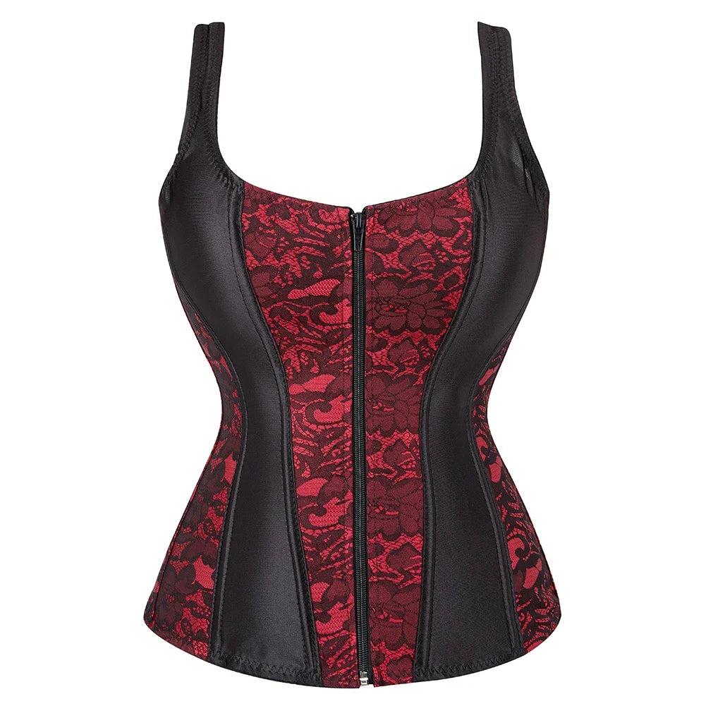 Vintage Floral Tapestry Overbust Corset with Wide Straps and Structured Seaming
