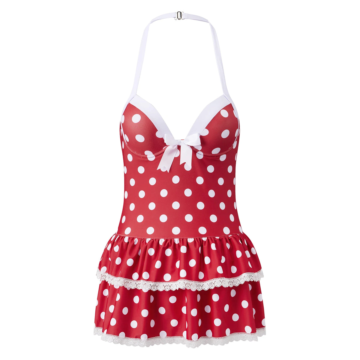 Red and White Polka Dot Swimwear Piece with Scalloped Lace Trim
