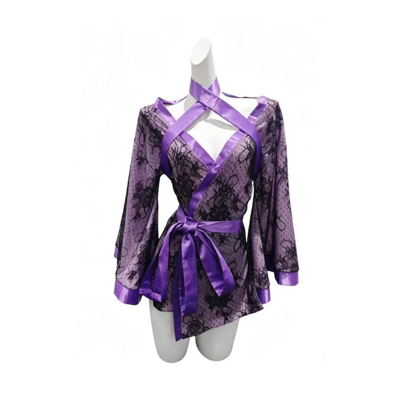 Sheer Black and Purple Floral Lace Kimono Robe with Satin Trim