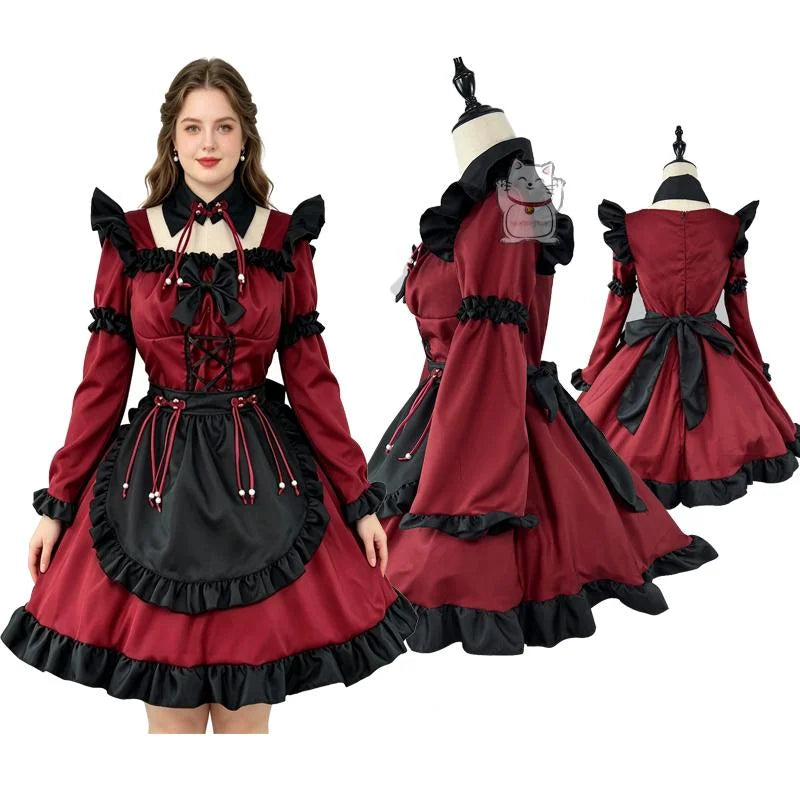 Women's Vintage Inspired Layered Maid Dress with Apron and Ruffle Trim Costume Set