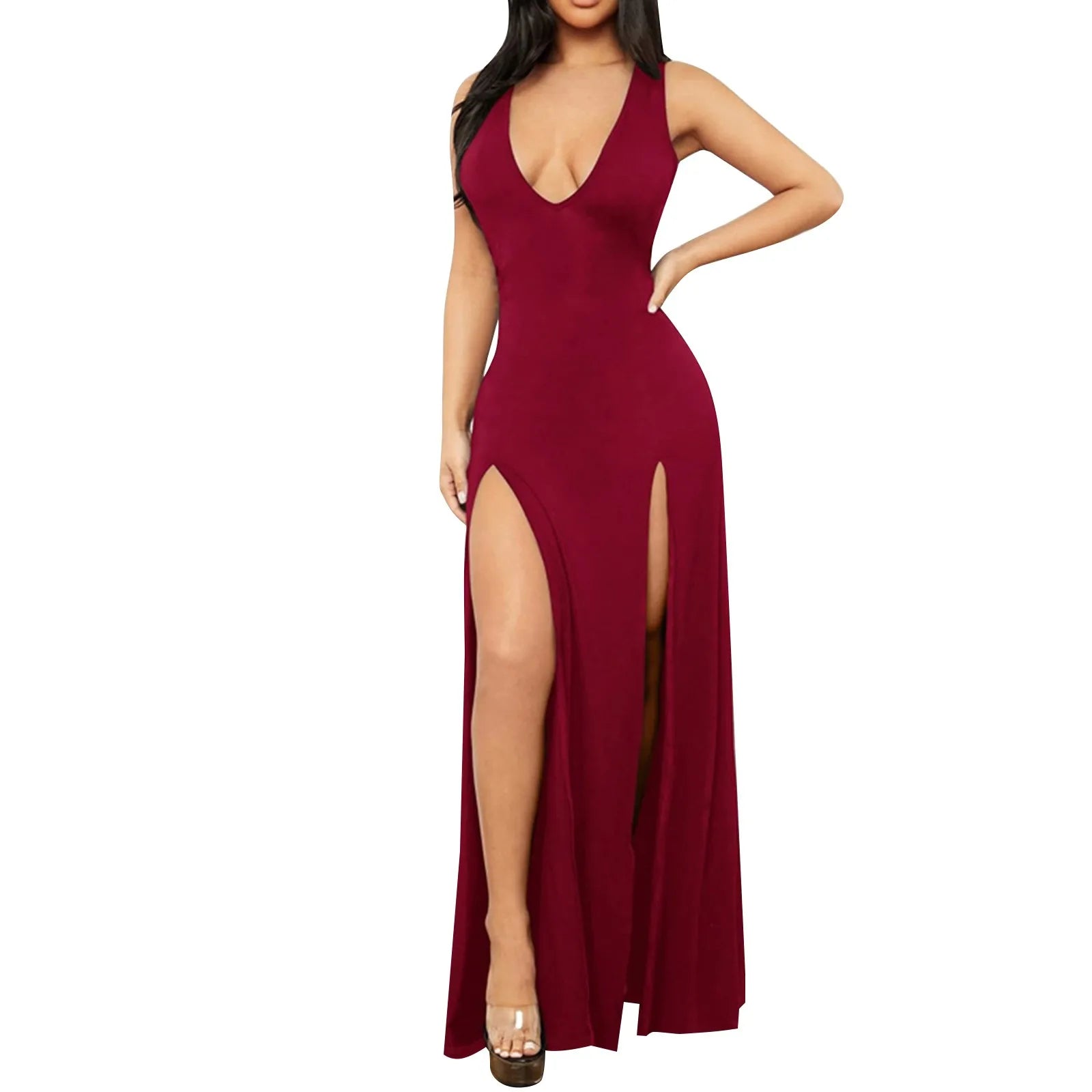 Deep V Maxi Dress With High Slit And Sculpted Fit