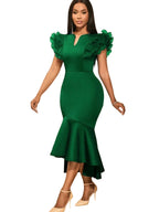 Emerald Green Notched V-Neck Mermaid Midi Dress with Ruffled Cap Sleeves