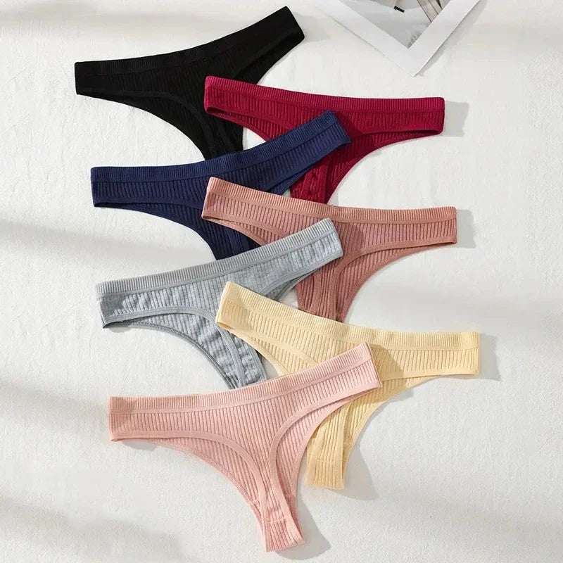 7-Piece Women’s Cotton Low-Rise Thong Panties Set with Striped Side Details, Minimal T-Back Silhouette and Assorted Black Designs