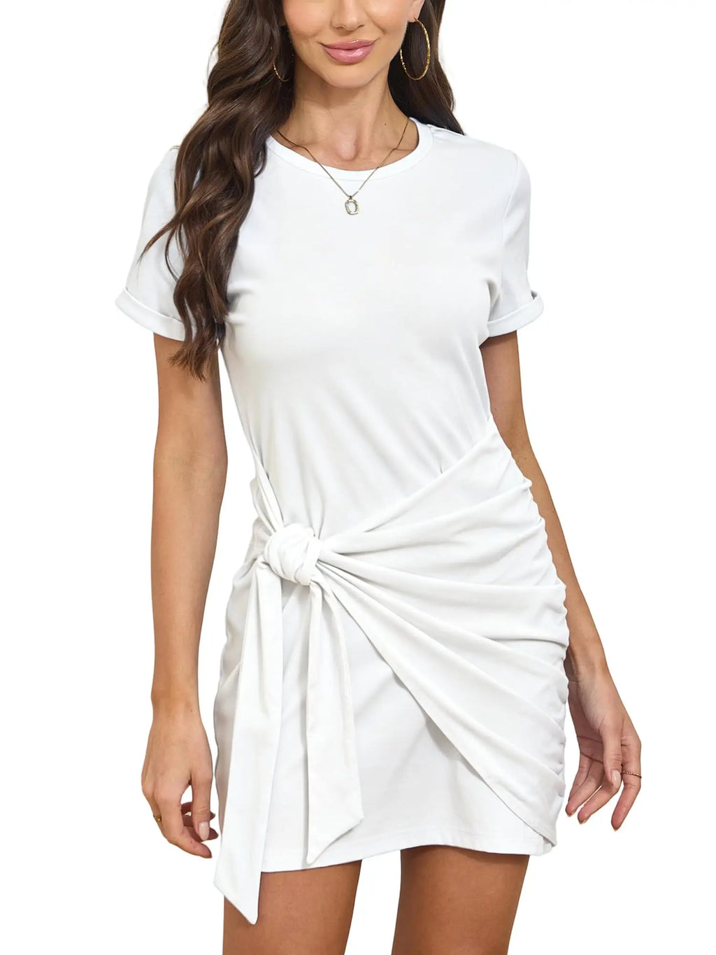 Short Sleeve Front Tie Ruched Mini Dress with Relaxed Casual Silhouette