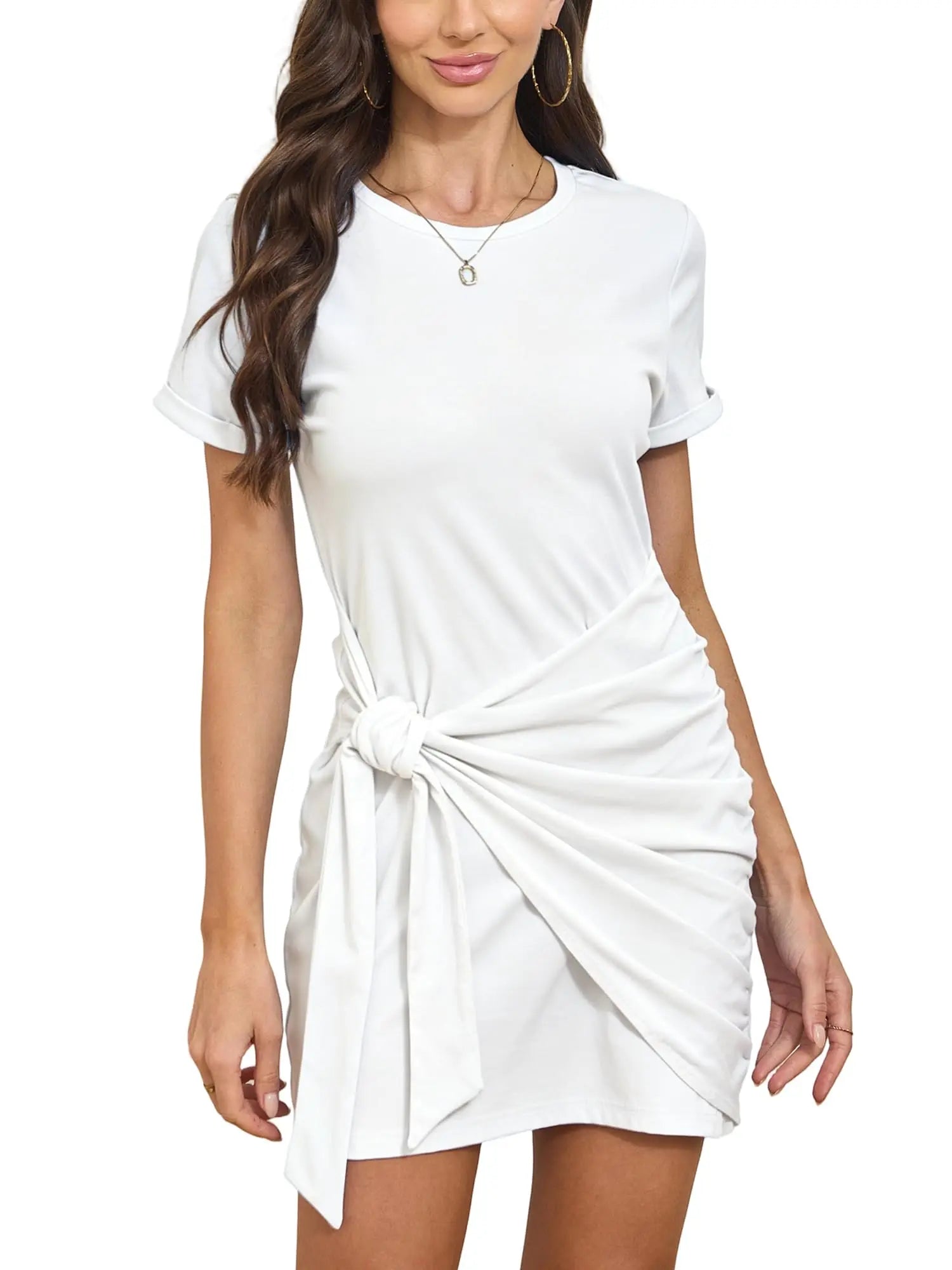 Short Sleeve Front Tie Ruched Mini Dress with Relaxed Casual Silhouette
