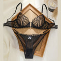 Structured Black Plunge Underwire Bra and Strappy Panty Set