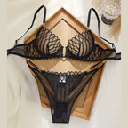 Structured Black Plunge Underwire Bra and Strappy Panty Set