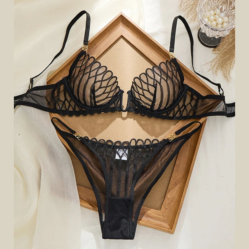 Structured Black Plunge Underwire Bra and Strappy Panty Set