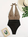 Geometric Pattern High-Waisted Bikini with Solid Navy Contrast Banding