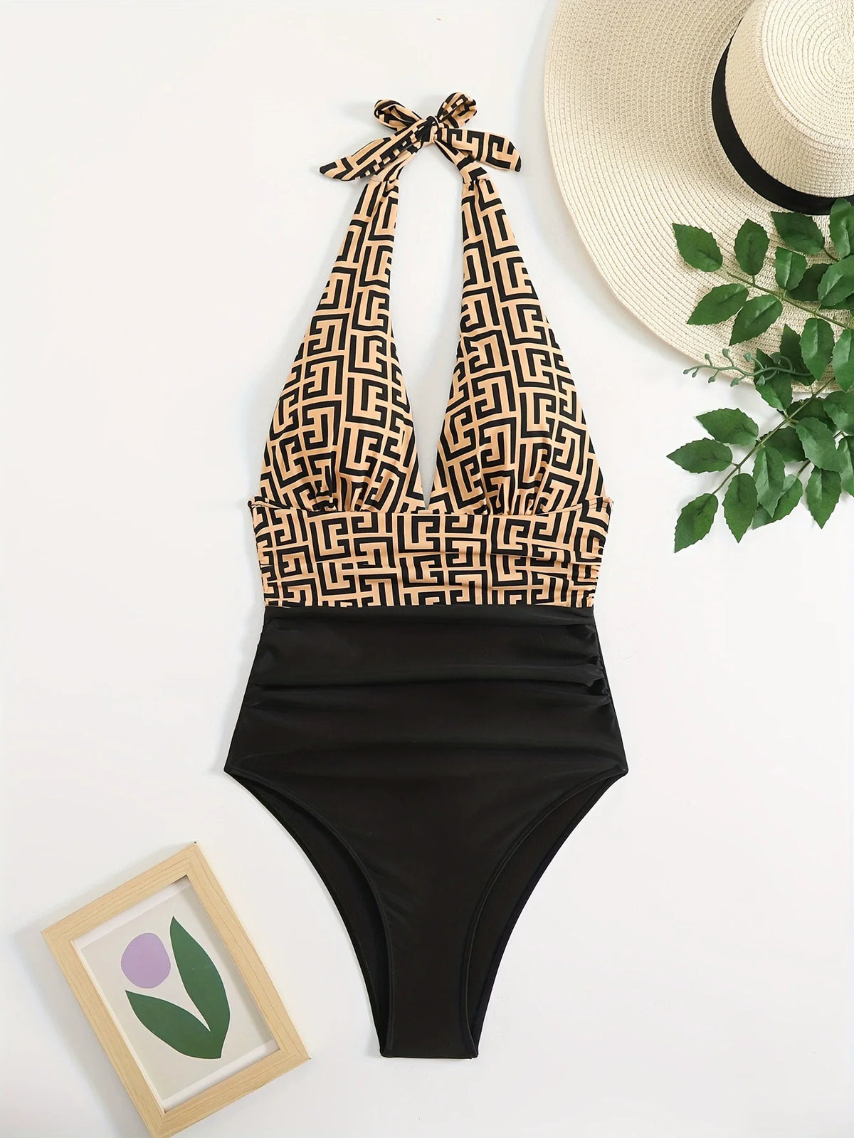 Geometric Pattern High-Waisted Bikini with Solid Navy Contrast Banding