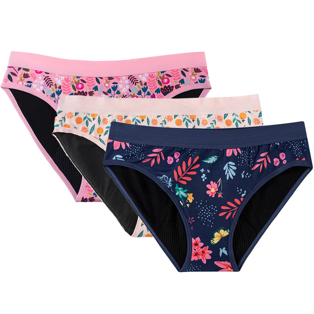 Three-Piece Floral Print Menstrual Brief Set with Contrast Waistbands