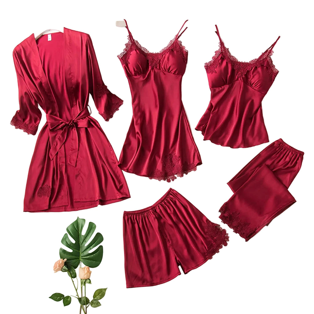 Elegant 5-Piece Burgundy Satin-Finish Sleepwear Collection with Delicate Lace Trim