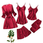 Elegant 5-Piece Burgundy Satin-Finish Sleepwear Collection with Delicate Lace Trim