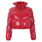 Women's Gloss Finish Puffer Bomber Jacket with Stand Collar Contemporary Streetwear Outerwear