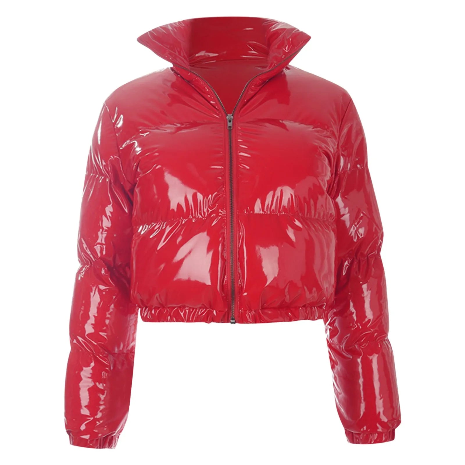 Women's Gloss Finish Puffer Bomber Jacket with Stand Collar Contemporary Streetwear Outerwear