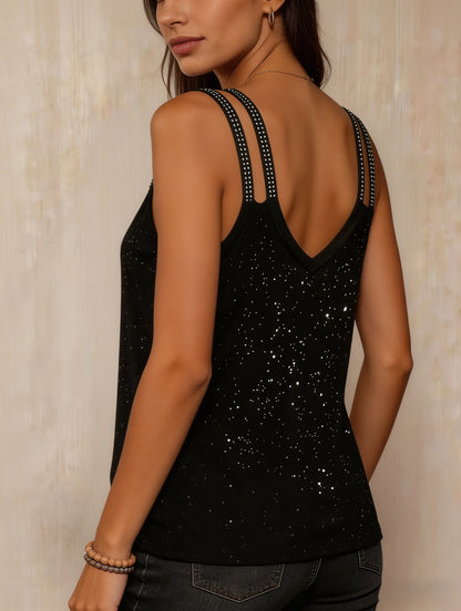 Rhinestone Double Strap Tank Top with Slim Fit Evening Streetwear Style