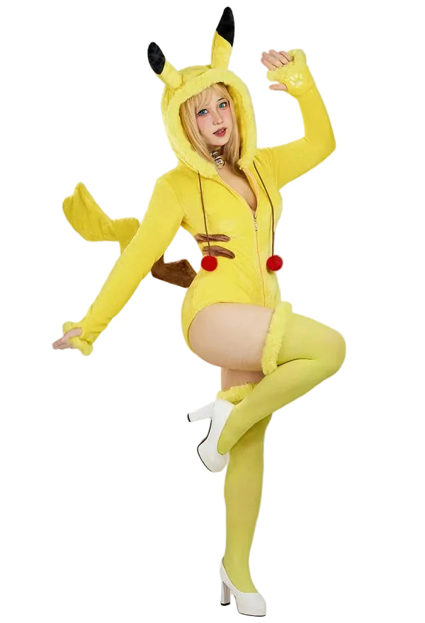 Women's Hooded Plush Romper with Animal Ear Hood, Tail and Matching Thigh-High Socks