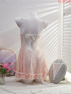 Floral Lace V-Neck Nightgown with Bow Detail, Pleated Ruffle Hem and Delicate Backless Silhouette
