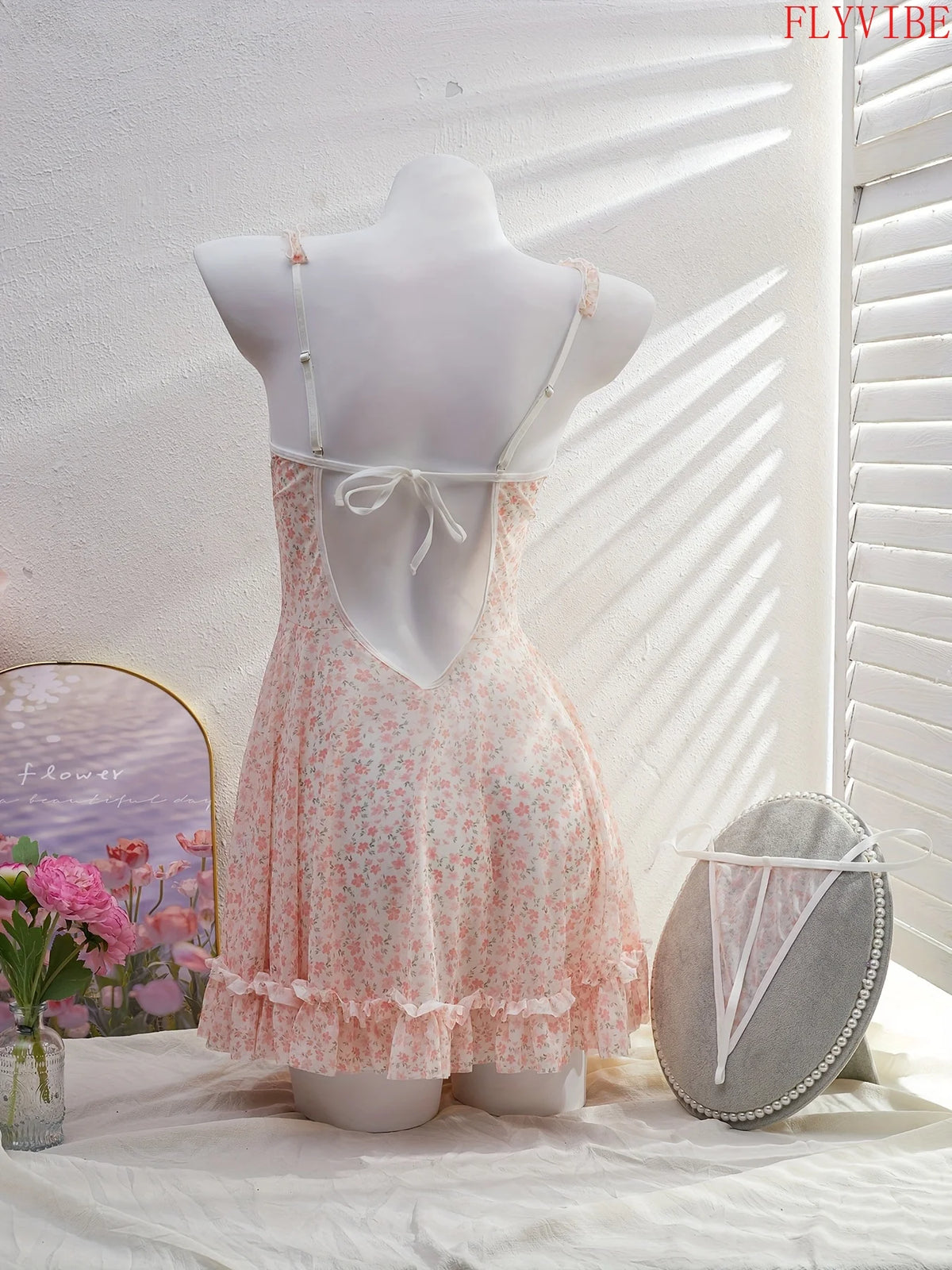 Floral Lace V-Neck Nightgown with Bow Detail, Pleated Ruffle Hem and Delicate Backless Silhouette